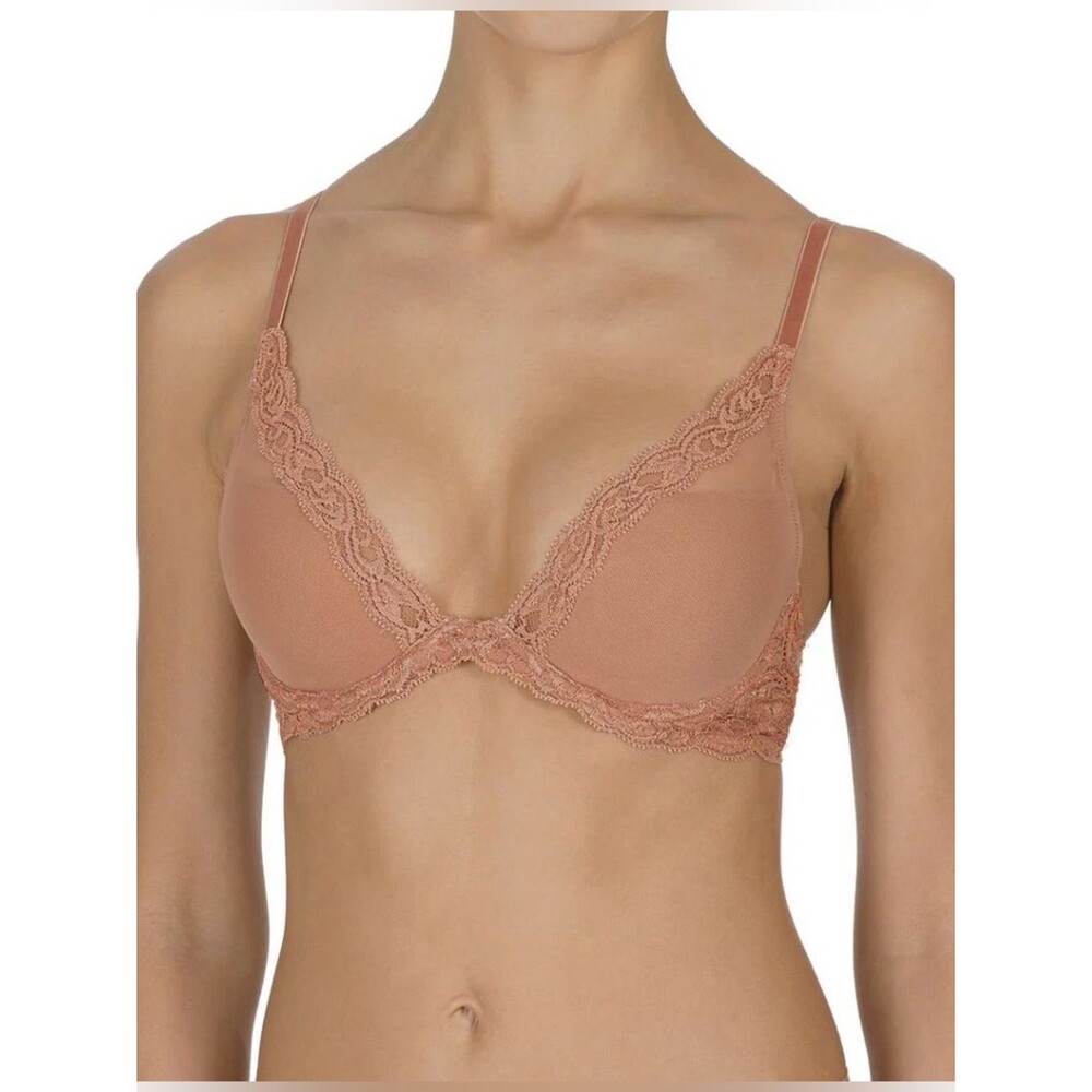 Natori Feathers Plunge Pink Lace Trim Mesh T Shirt Bra Women’s Size 38D